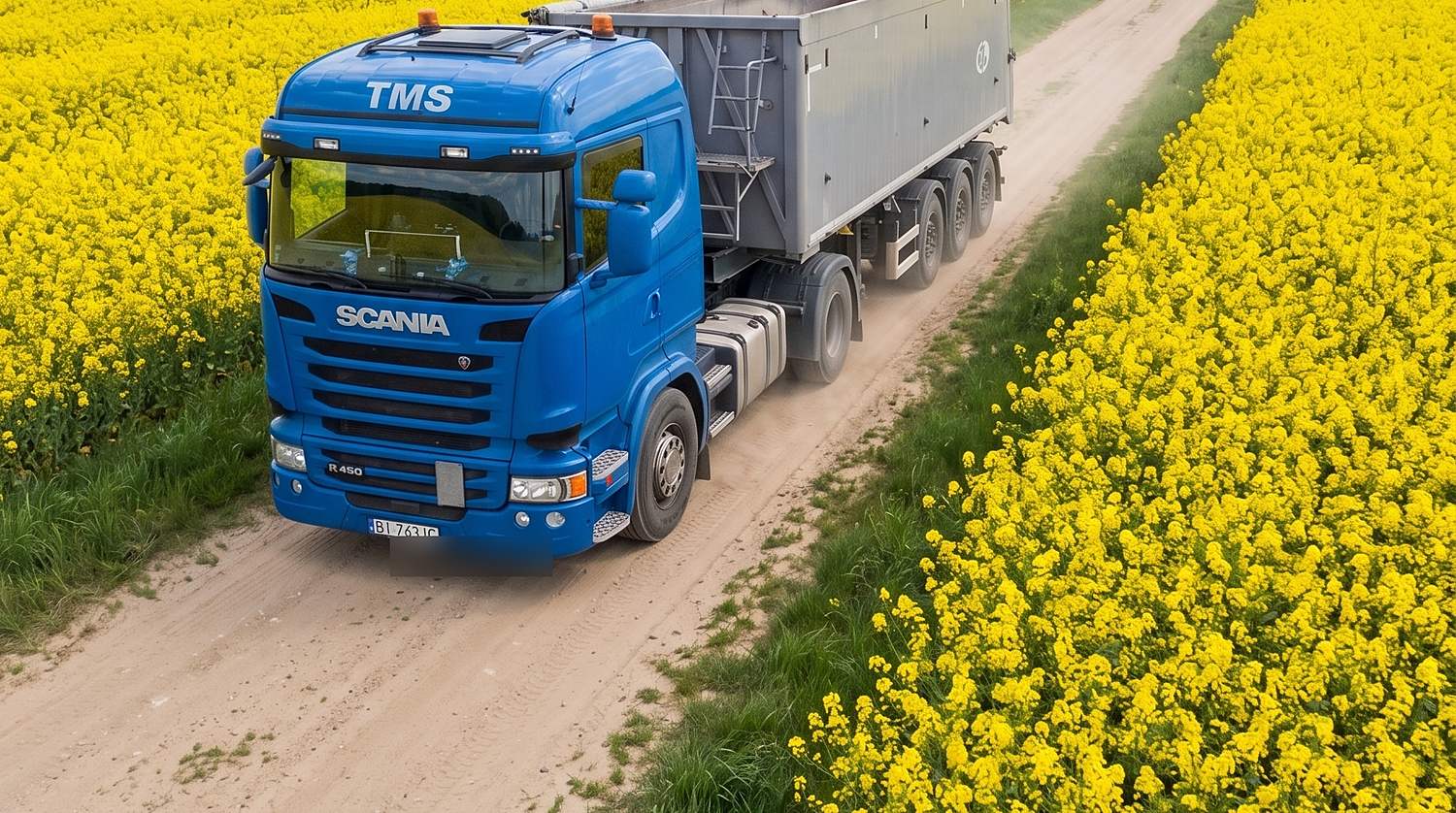 Wywrotka P.H.U. TMS w trasie polną drogą wśród pól rzepaku